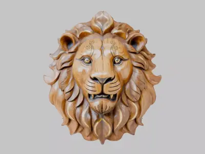 Wooden Lion Head Sculpture Low-poly 3D model