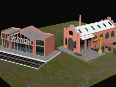 Train Station and Factory Game Assets Free low-poly 3D model