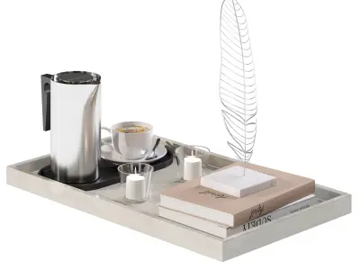 Coffee set 10 - tray pot cup books candle figurine 3D model