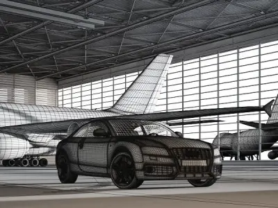 Scene 10 Archinteriors vol 20 with hangar plane and car 3D model