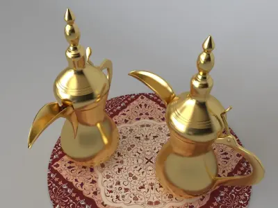 Dallah two golden coffee pots on table 3D model