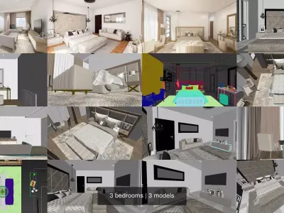 3 bedrooms bedroom interior design 3D Model Collection