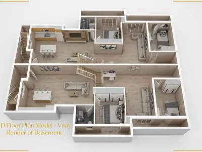 Set of Three 3D Floor Plans with Texture Furniture and Rendering 3D model