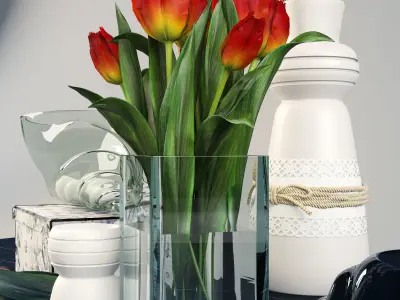 Decorative set with tulips  Low-poly 3D model
