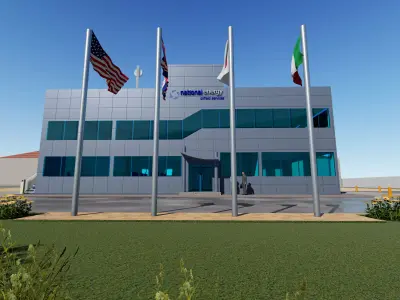 office building with flags Low-poly 3D model