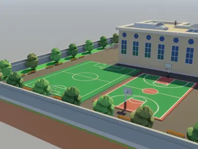Low poly School building with soccer field Low-poly 3D model