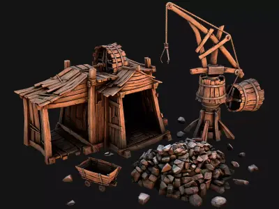 Medieval Wooden Mine and Excavator Ore Low-poly 3D model