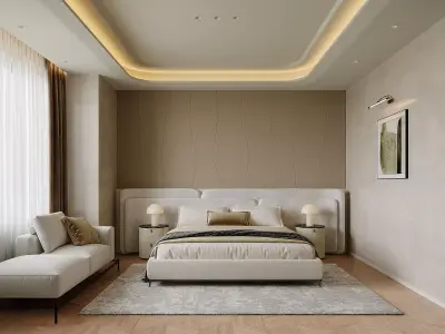 Modern living room dining room and bedroom interior scene 3D model