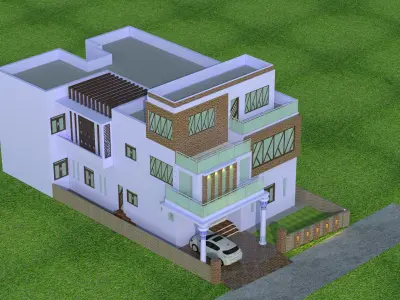 3D MODEL HOUSE two story with car on front 3D model