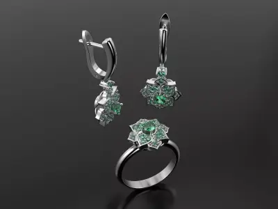 Flower rings and earrings set 3D print model