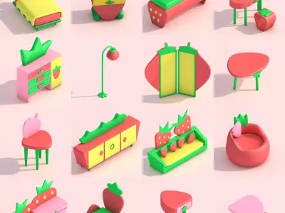 Strawberry Themed Furniture Set - Game Assets 3D model
