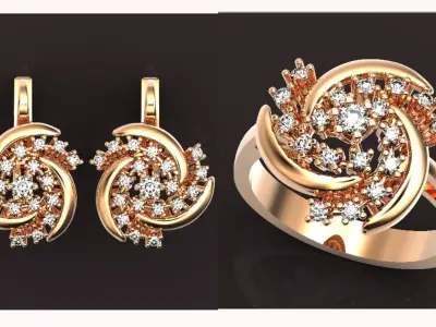 elegant set ring and earrings with stones 3D Model Pack
