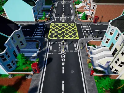 Stylized UK Modular House and Road Low-poly 3D model