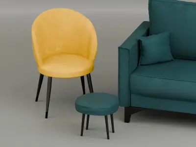 Couch with chair and stool 3D model