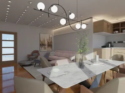 living room with smart kitchen 3D model