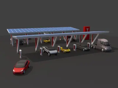 Cartoon Low Poly Tesla Electric Charger Station Cars Pack Low-poly 3D model