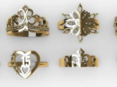 Lady Crown ring collection 8 units anillos de 15  coronas 3D print model