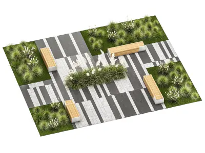 Bushes And A Bench With Paving Slabs For An Urban 1151 3D model