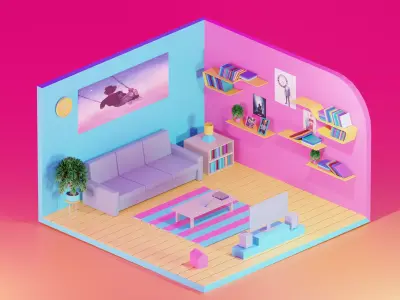 3d model living room with couch and bookshelf 3D model