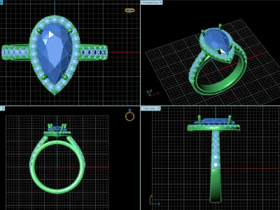 Pear Center Stone Halo Ring with Diamond Shank 3D print model