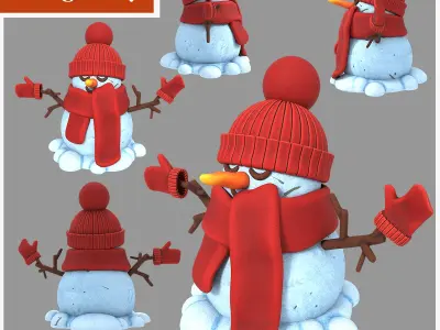 snowman in a red hat and scarf  high-poly 3D model