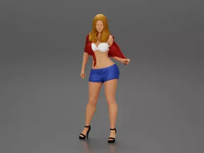 Sexy woman posing in short and shirt with open chest 3D print model
