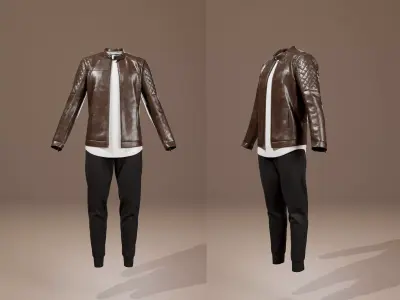 Mens Leather Jacket Outfit T-shirt and Jogger 3D model