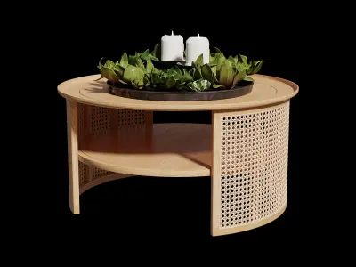 Homary 2-Tiered Japandi Round Wood Rattan Coffee Table        3D model