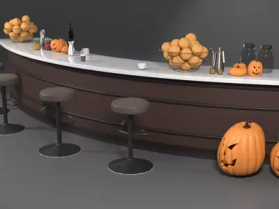 Curved Cafe Counter with Halloween Props Pack 3D model