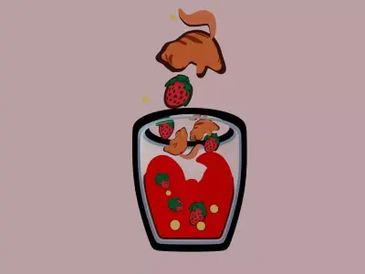 Strawberry cats and drink Cartoon outline stylized style 3D model