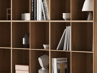 373 bookcase and rack 07 japandi wood with decor 01 3D model