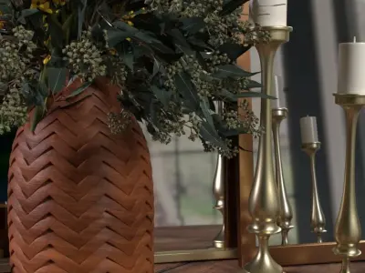 Decor set candles candlesticks bouquet of flowers and mirrors 3D model