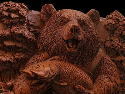 Bear with  Fish 3D Relief 3D print model