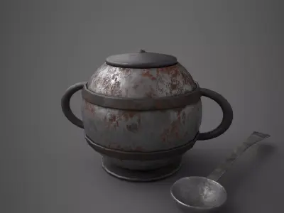 Medieval Tavern Soup pot and Spoon Free low-poly 3D model
