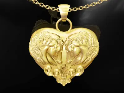 Horse Head On Heart pendant jewelry gold 3D print model