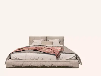 Double Bed with Pillows and Blanket - Modern Fabric and Wood 3D model