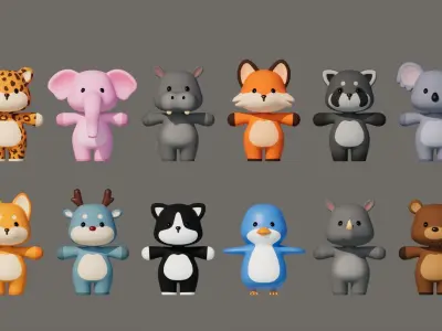 Rigged Cartoon Animals Collection Pack-002 Low-poly 3D model
