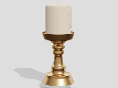 Antique golden candlestick and candle  3D model