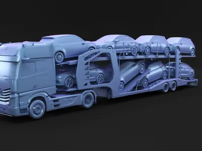 Semi-truck with car carrier trailer 3D model