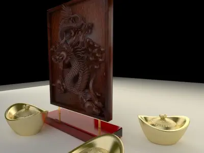 Chinese gold ingot with dragon pattern 3D model
