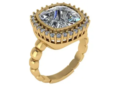 Cushion shaped Ring with Halo and unique Band 3D print model