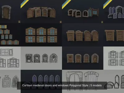 Cartoon medieval doors and windows Polygonal Style 3D Model Collection