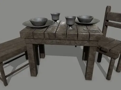 Medieval Set wooden console table Low-poly 3D model