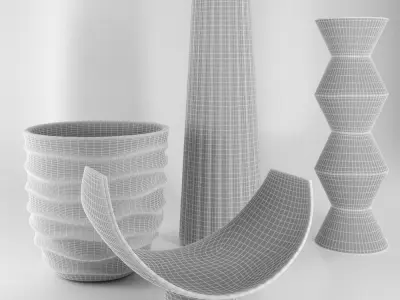 Decorative Set 1 three vases and gold vase Low-poly 3D model