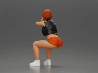 Girl in Mini Leather Jacket Shorts Sitting Leaning with Hands 3D print model