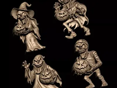 Halloween Monsters Set of 4 Charaters Bas relief 3D STL 3D print model