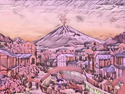 FREE Rustic Japan Village Landscape with Mount Fuji Free 3D model