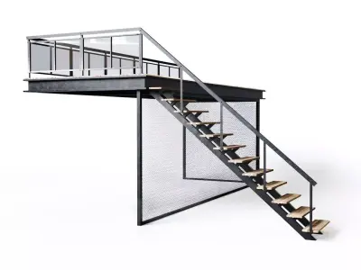 Metal stair with fencing Low-poly 3D model