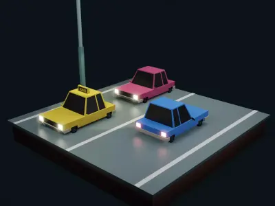 Low poly Car three colorful cars on street Low-poly 3D model