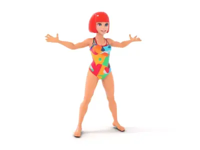Animated Female Swimsuit Model Red Hair Rigged and Animated Low-poly 3D model